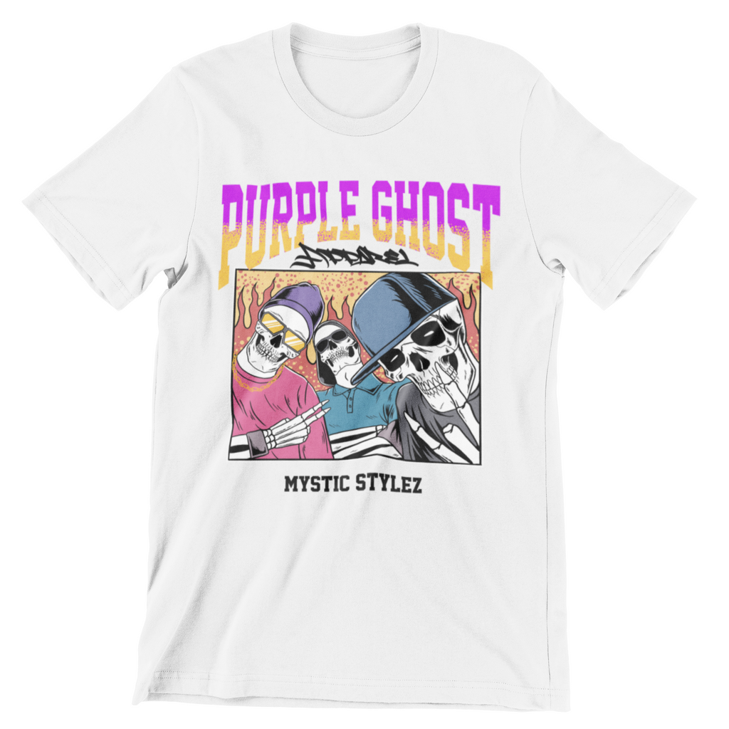 White crewneck shirt with Purple Ghost Apparel words above image. There are three skeletons of hip hop artists doing cool poses with fire behind them. One skeleton on the left is wearing a purple beanie with yellow lensed sunglasses. The skeleton in the middle has his arms crossed with black sunglasses and a blue collared shirt. The skeleton to the right has a baseball cap on, smiling with a grey shirt. All skeletons are enclosed by a box. The words Mystic Stylez at the bottom of the shirt, below the box.