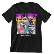 Black crewneck shirt with Purple Ghost Apparel words above image. There are three skeletons of hip hop artists doing cool poses with fire behind them. One skeleton on the left is wearing a purple beanie with yellow lensed sunglasses. The skeleton in the middle has his arms crossed with black sunglasses and a blue collared shirt. The skeleton to the right has a baseball cap on, smiling with a grey shirt. All skeletons are enclosed by a box. The words Mystic Stylez at the bottom of the shirt, below the box.