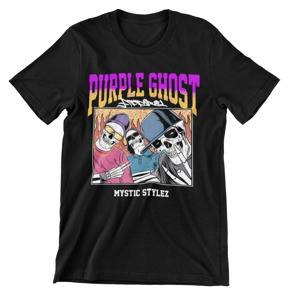 Black crewneck shirt with Purple Ghost Apparel words above image. There are three skeletons of hip hop artists doing cool poses with fire behind them. One skeleton on the left is wearing a purple beanie with yellow lensed sunglasses. The skeleton in the middle has his arms crossed with black sunglasses and a blue collared shirt. The skeleton to the right has a baseball cap on, smiling with a grey shirt. All skeletons are enclosed by a box. The words Mystic Stylez at the bottom of the shirt, below the box.